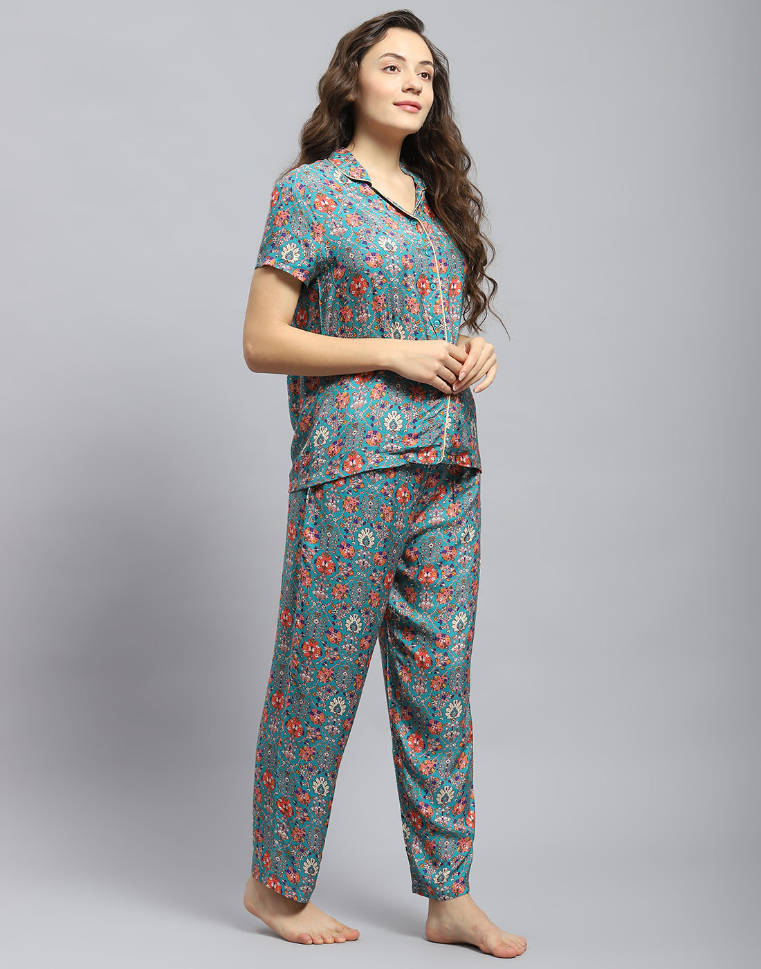 Women Teal Blue Solid Collar Half Sleeve Lower Set