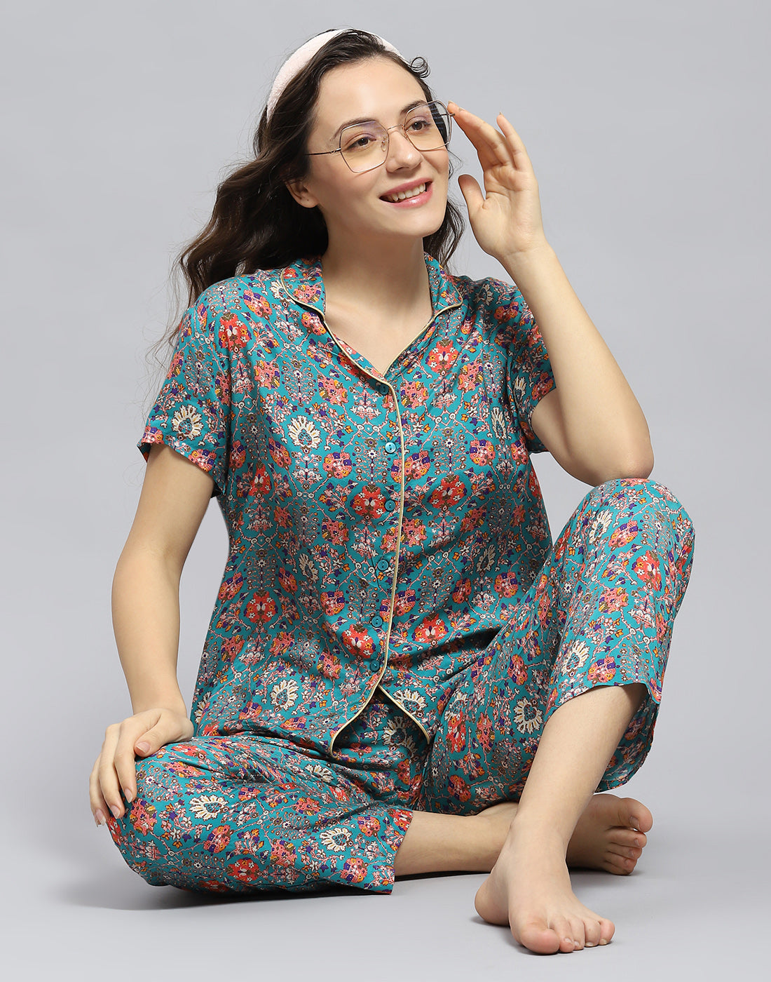 Women Teal Blue Solid Collar Half Sleeve Lower Set