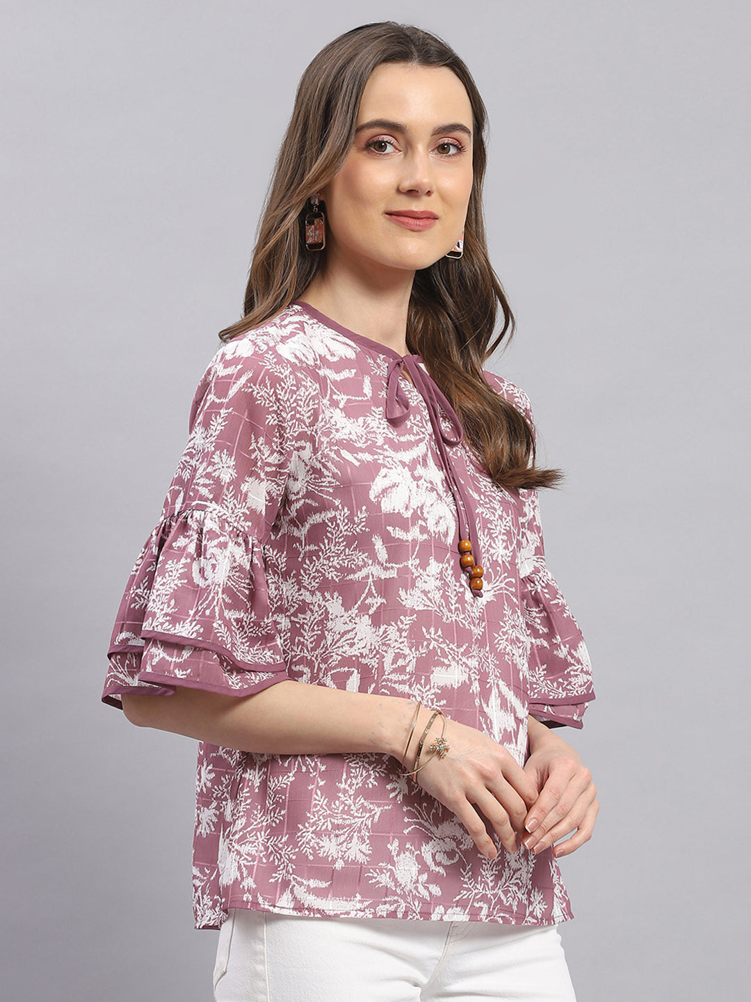 Women Mauve Printed Round Neck 3/4 Sleeve Top
