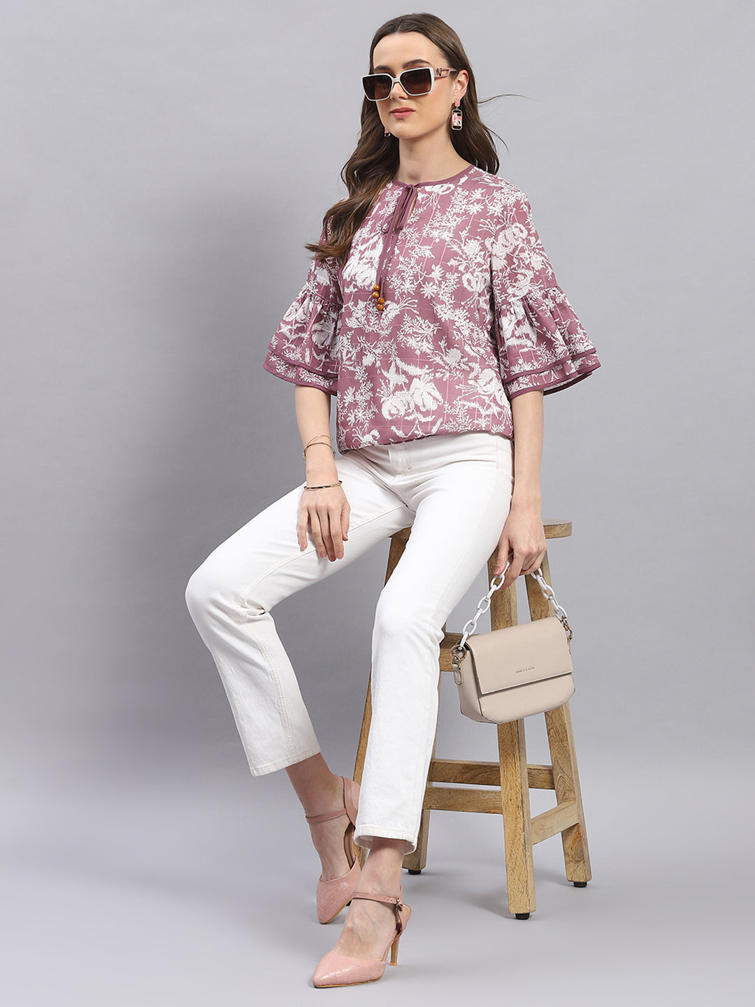 Women Mauve Printed Round Neck 3/4 Sleeve Top