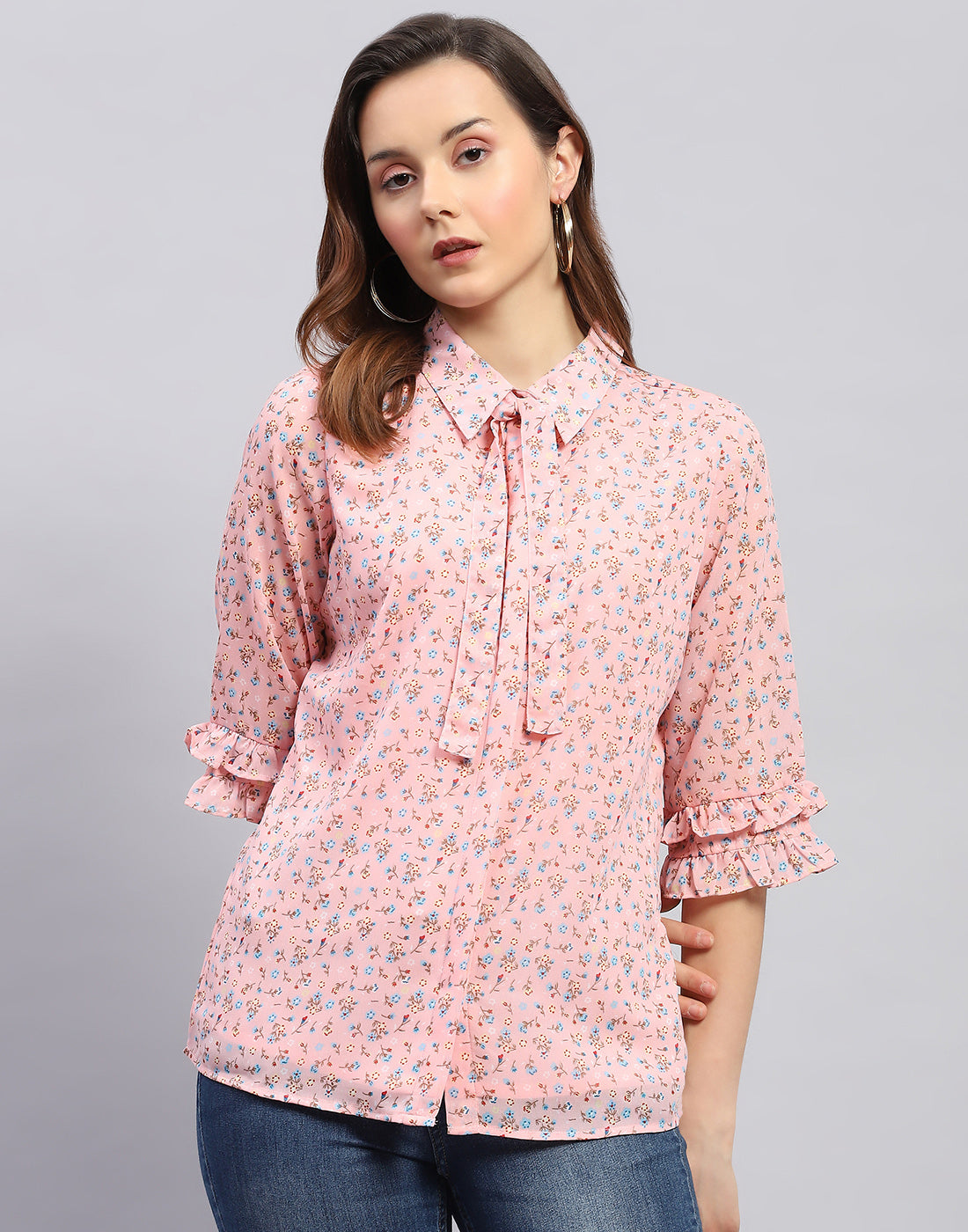 Women Peach Floral Print Collar Neck 3/4 Sleeve Top