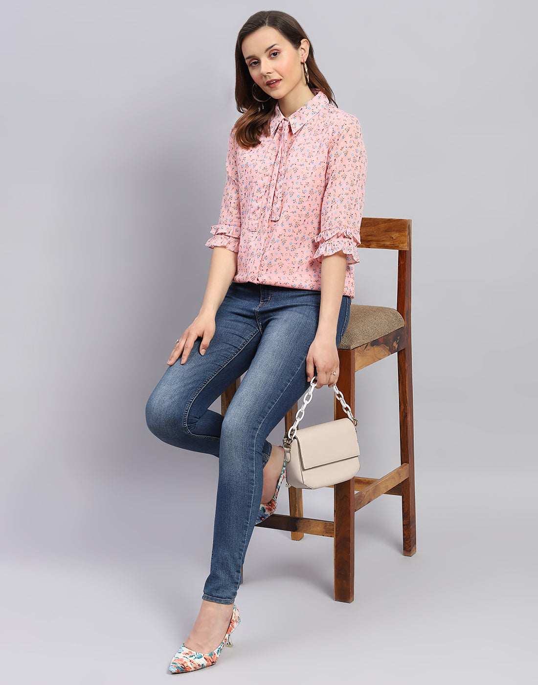 Women Peach Floral Print Collar Neck 3/4 Sleeve Top