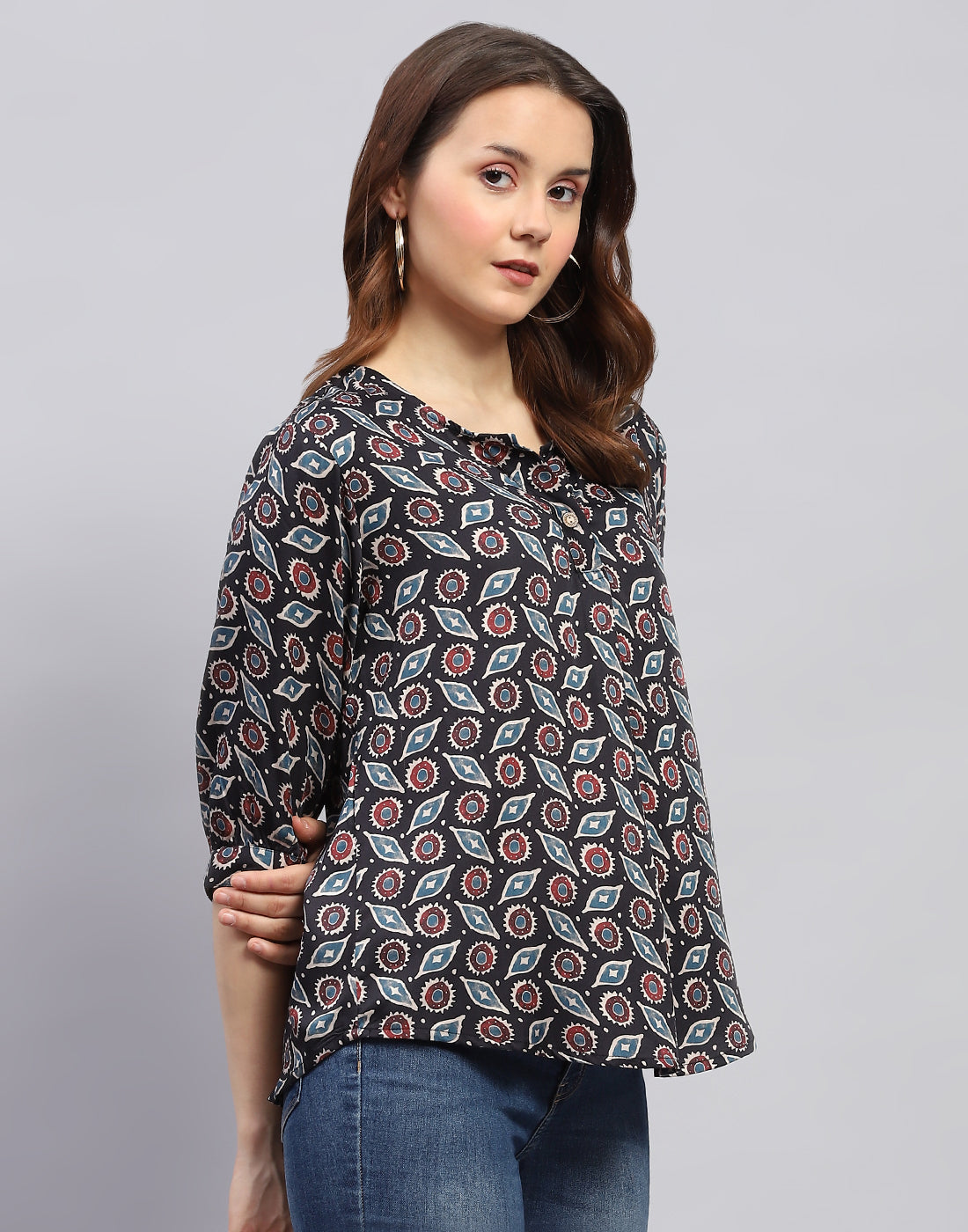 Women Black Printed V Neck 3/4 Sleeve Top