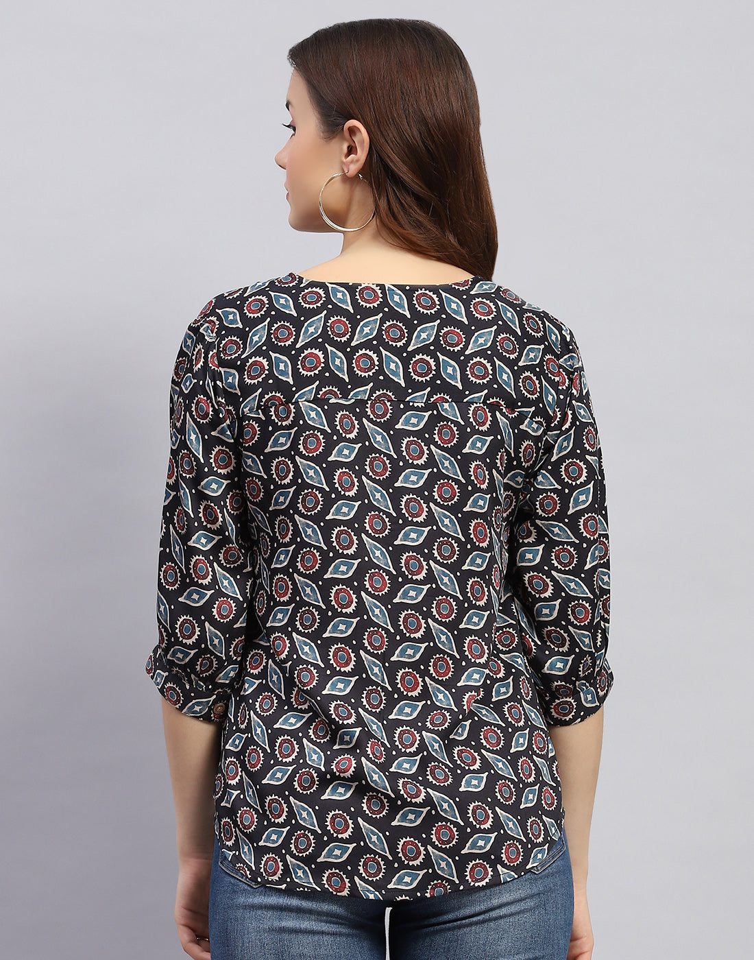 Women Black Printed V Neck 3/4 Sleeve Top