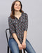 Women Black Printed V Neck 3/4 Sleeve Top