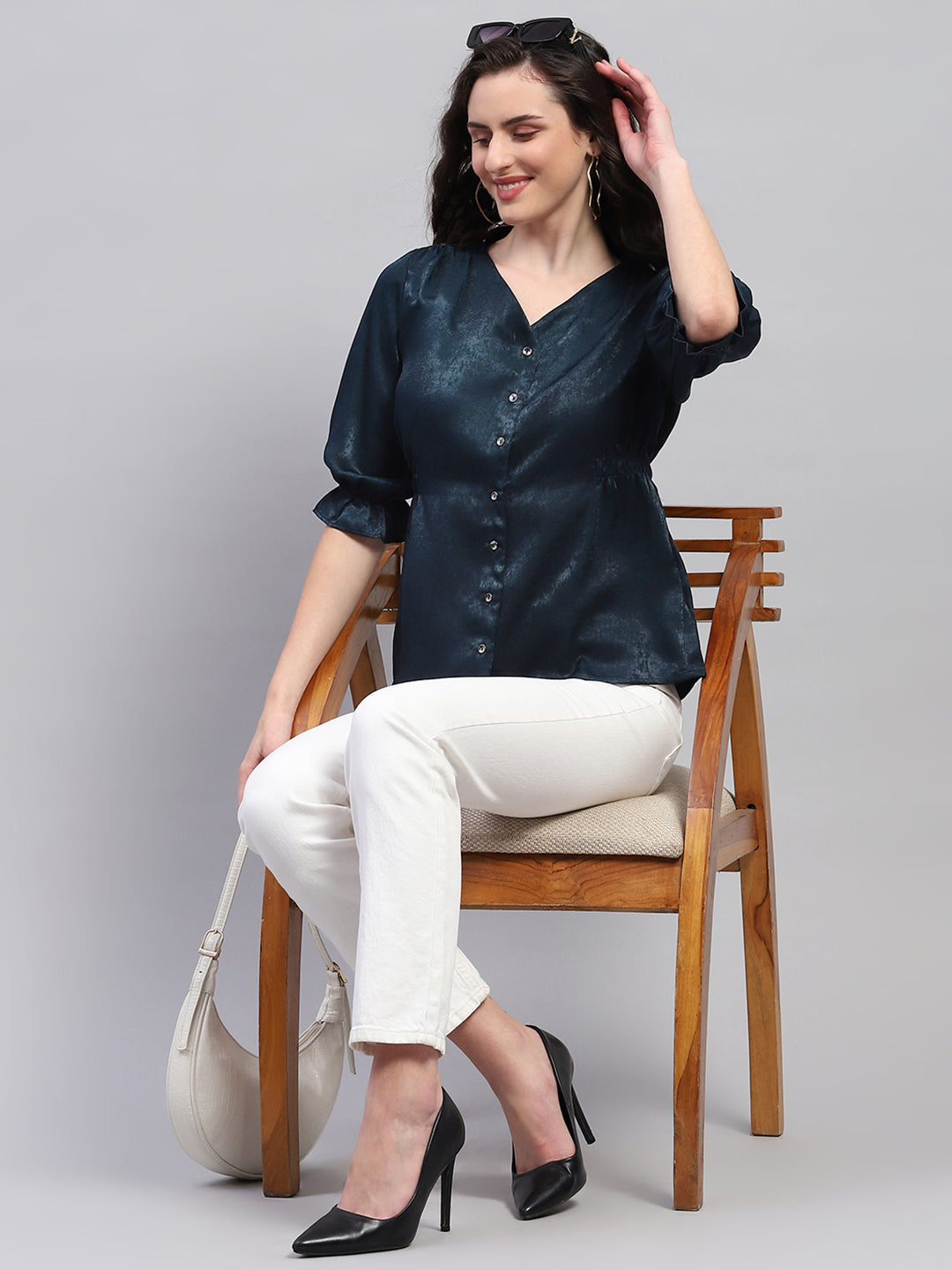 Women Teal Blue Solid V Neck 3/4 Sleeve Top