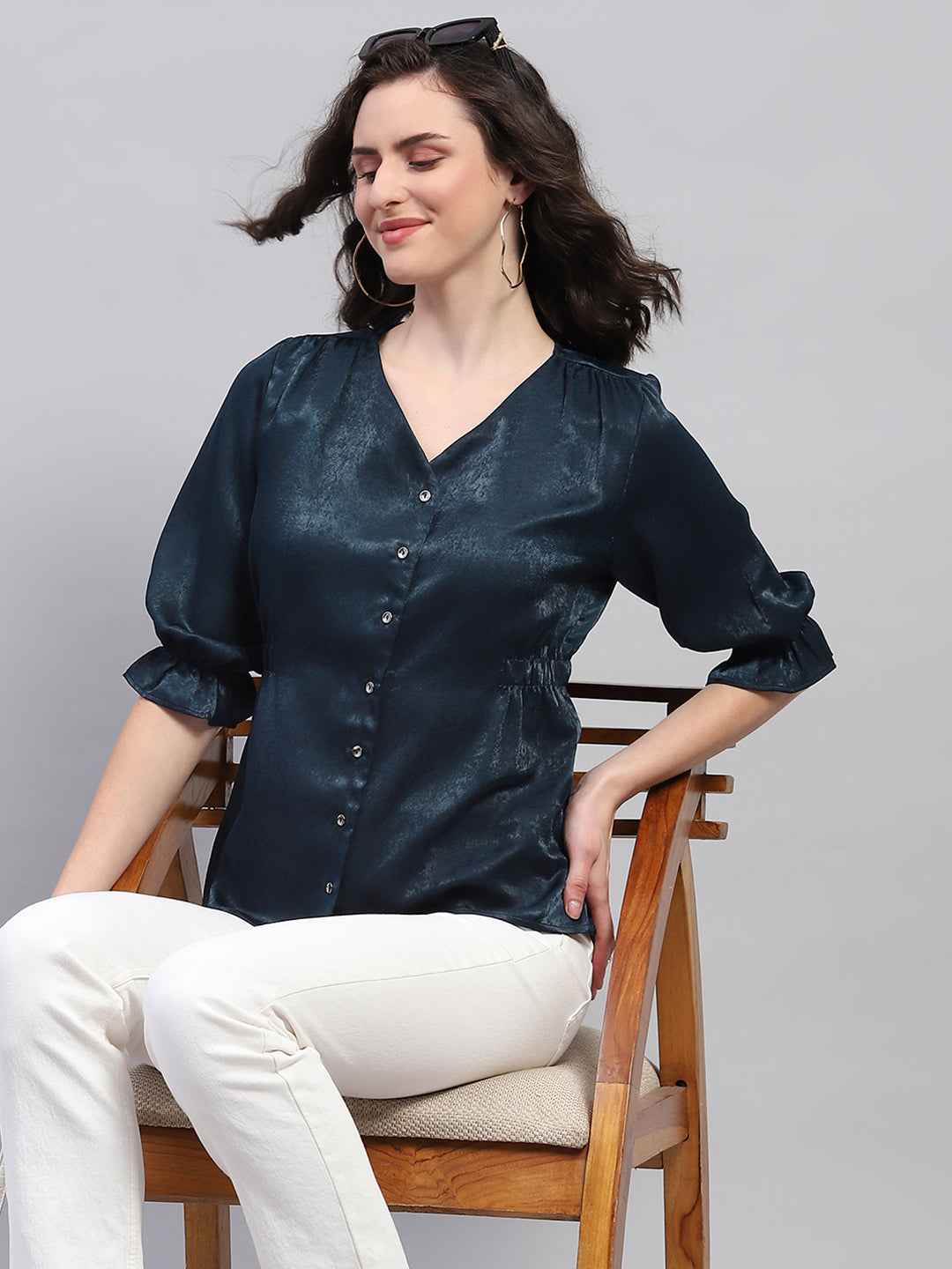 Women Teal Blue Solid V Neck 3/4 Sleeve Top