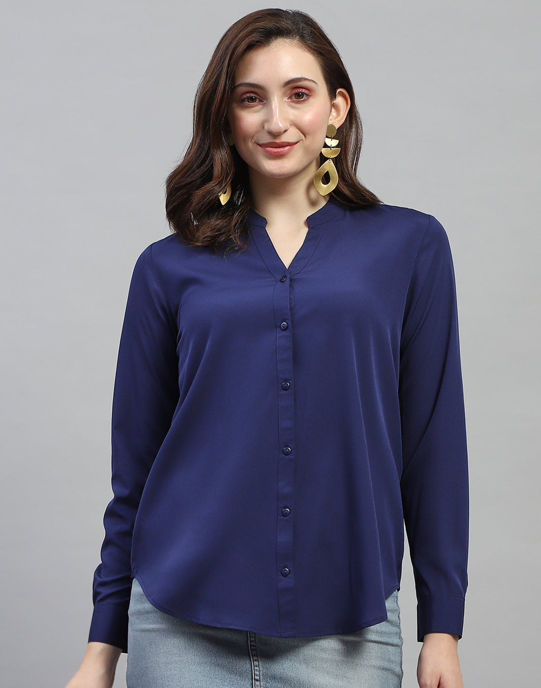 Women Navy Blue Solid Mandarin Collar Full Sleeve Top