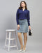 Women Navy Blue Solid Mandarin Collar Full Sleeve Top