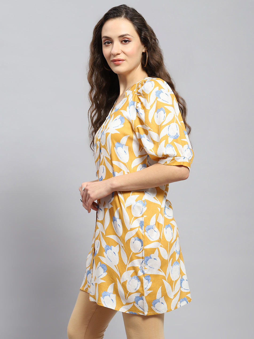 Women Mustard Printed Mandarin Collar Tunic