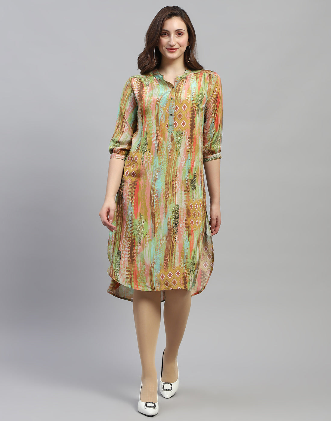 Women Multicolor Printed Band Collar 3/4 Sleeve Dress