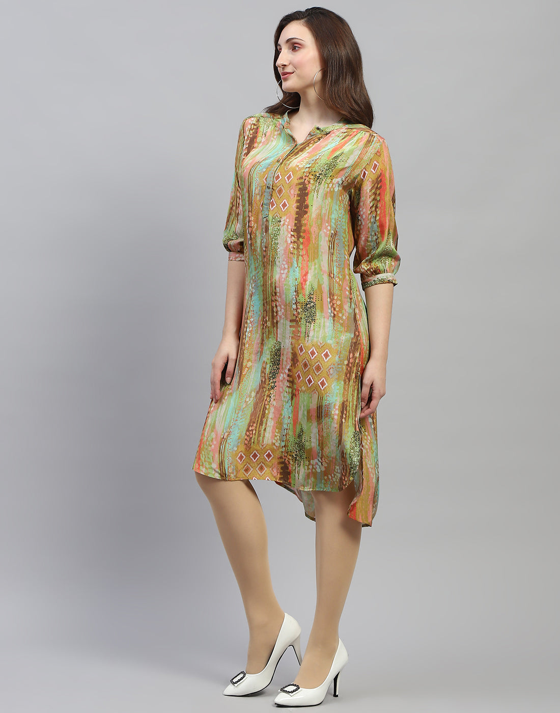Women Multicolor Printed Band Collar 3/4 Sleeve Dress