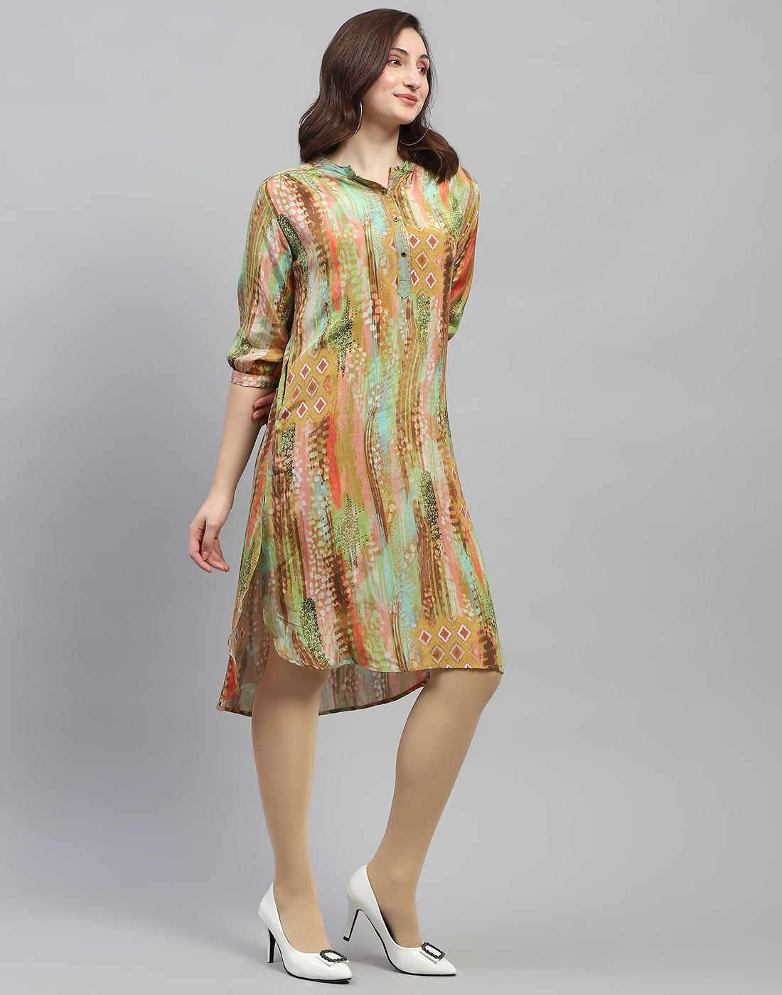 Women Multicolor Printed Band Collar 3/4 Sleeve Dress