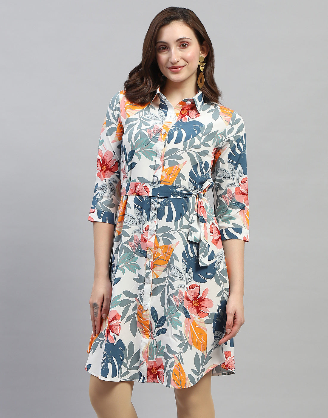 Women Off White Floral Print Collar Neck 3/4 Sleeve Dress
