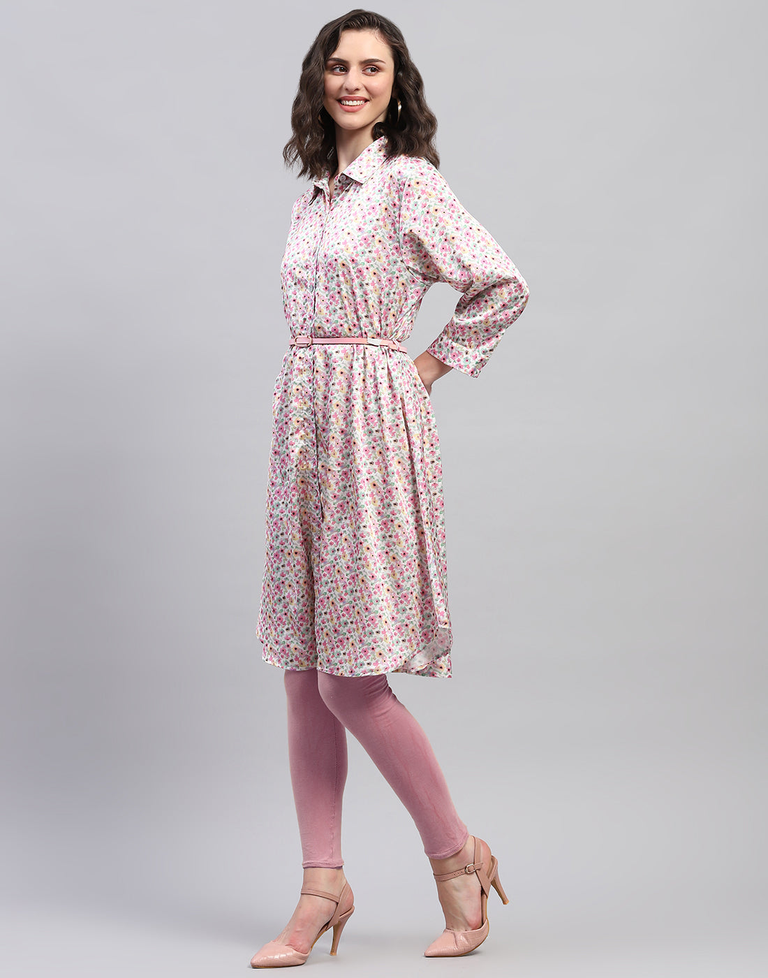 Women Pink Floral Print V Neck 3/4 Sleeve Dress