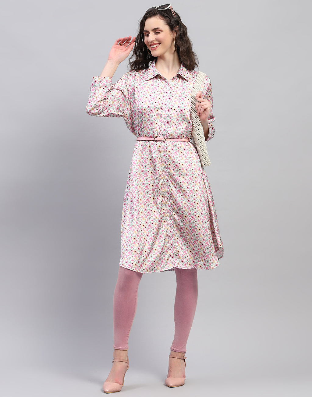 Women Pink Floral Print V Neck Dress