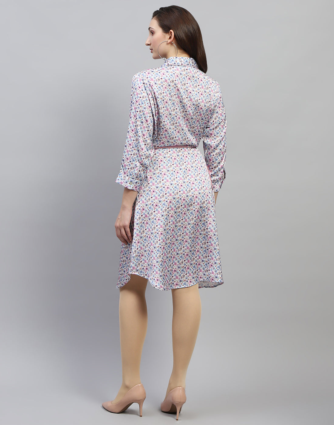Women Off White Floral Print Collar Neck 3/4 Sleeve Dress