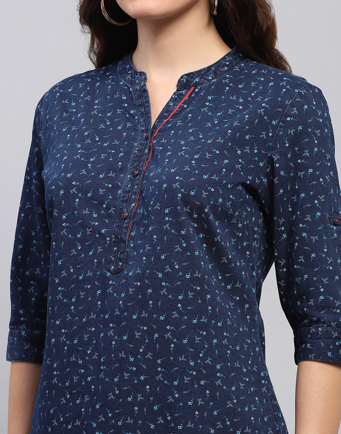 Women Navy Blue Printed Mandarin collar 3/4 Sleeve Top