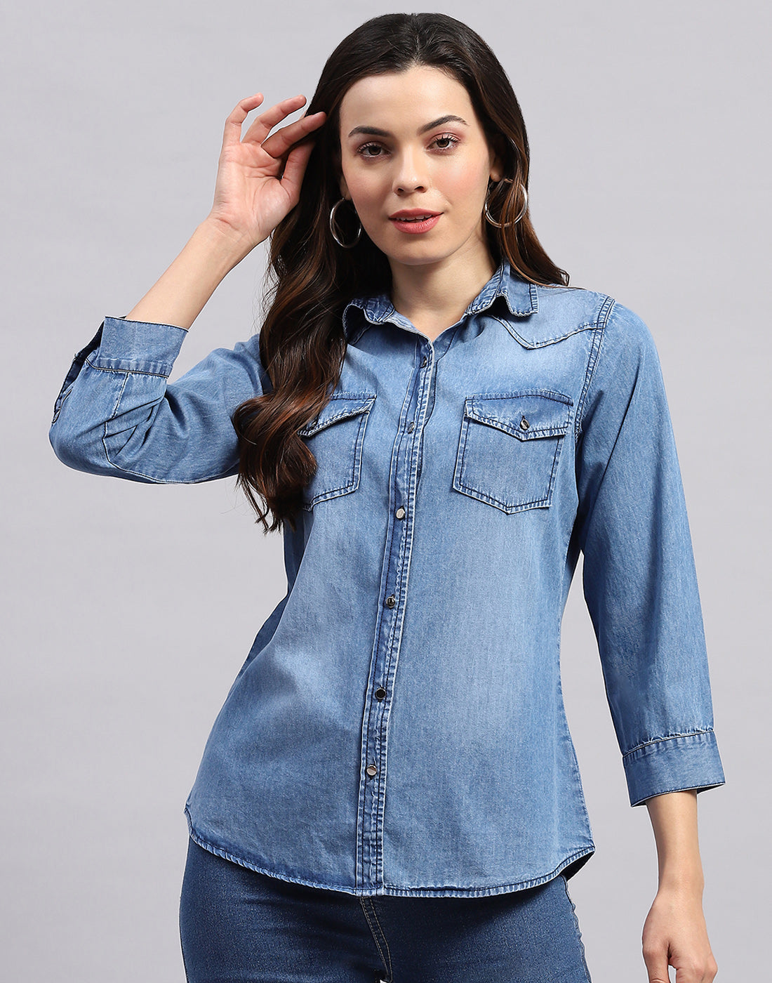 Women Blue Solid Collar Neck Top
