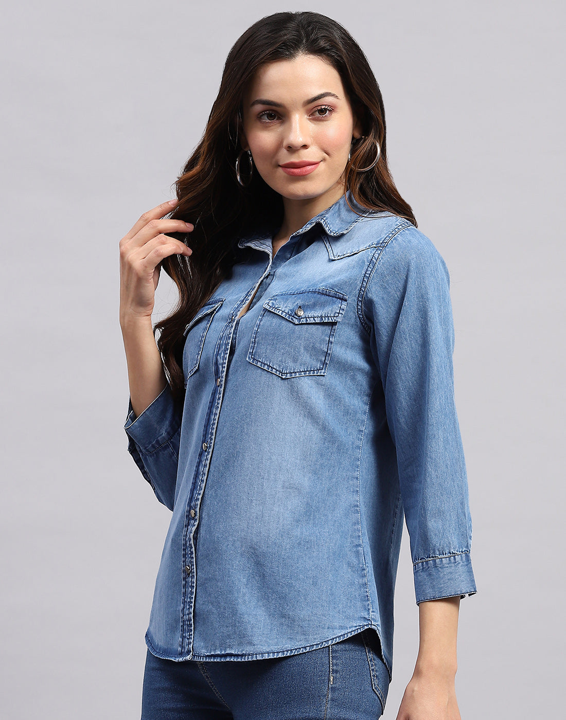 Women Blue Solid Collar 3/4 Sleeve Top - Main Image