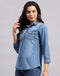 Women Blue Solid Collar Neck Top