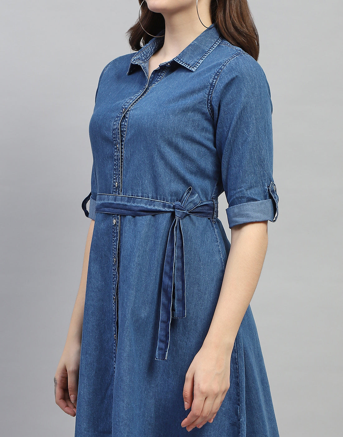 Women Dark Blue Solid Collar Neck 3/4 Sleeve Top