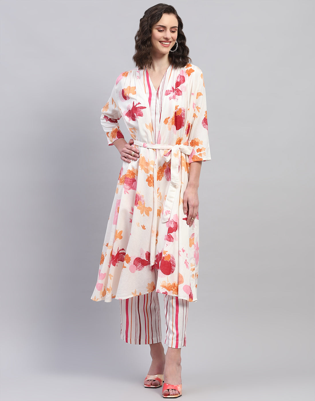 Women Pink & Orange Printed V Neck 3/4 Sleeve Combo 3Pc Set