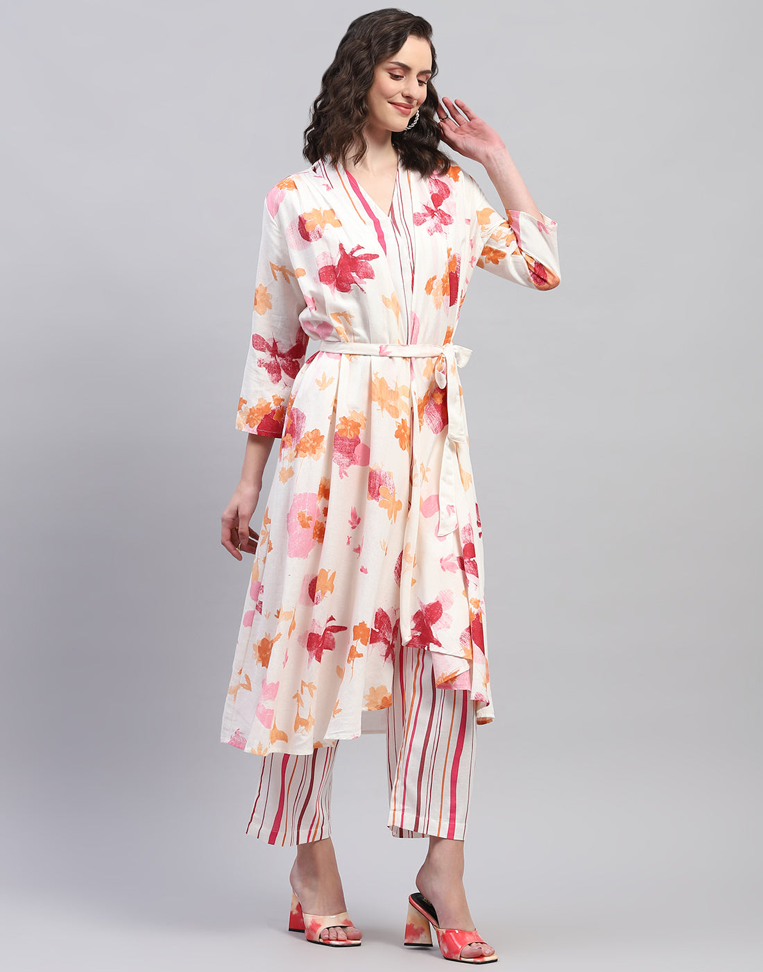 Women Pink & Orange Printed V Neck 3/4 Sleeve Combo 3Pc Set