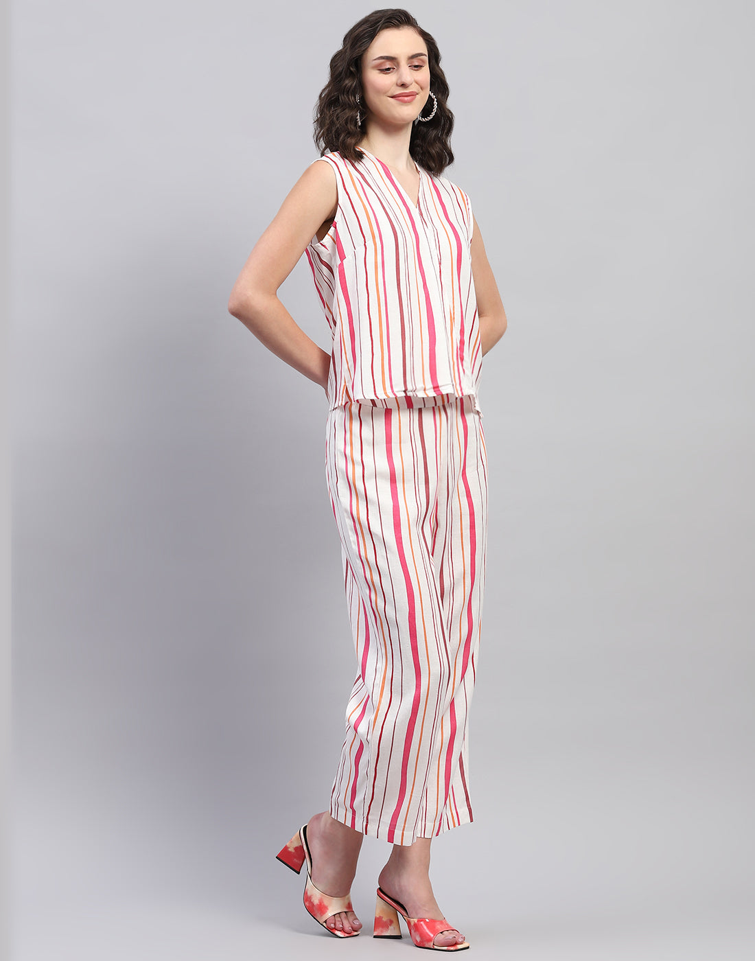 Women Pink & Orange Printed V Neck 3/4 Sleeve Combo 3Pc Set