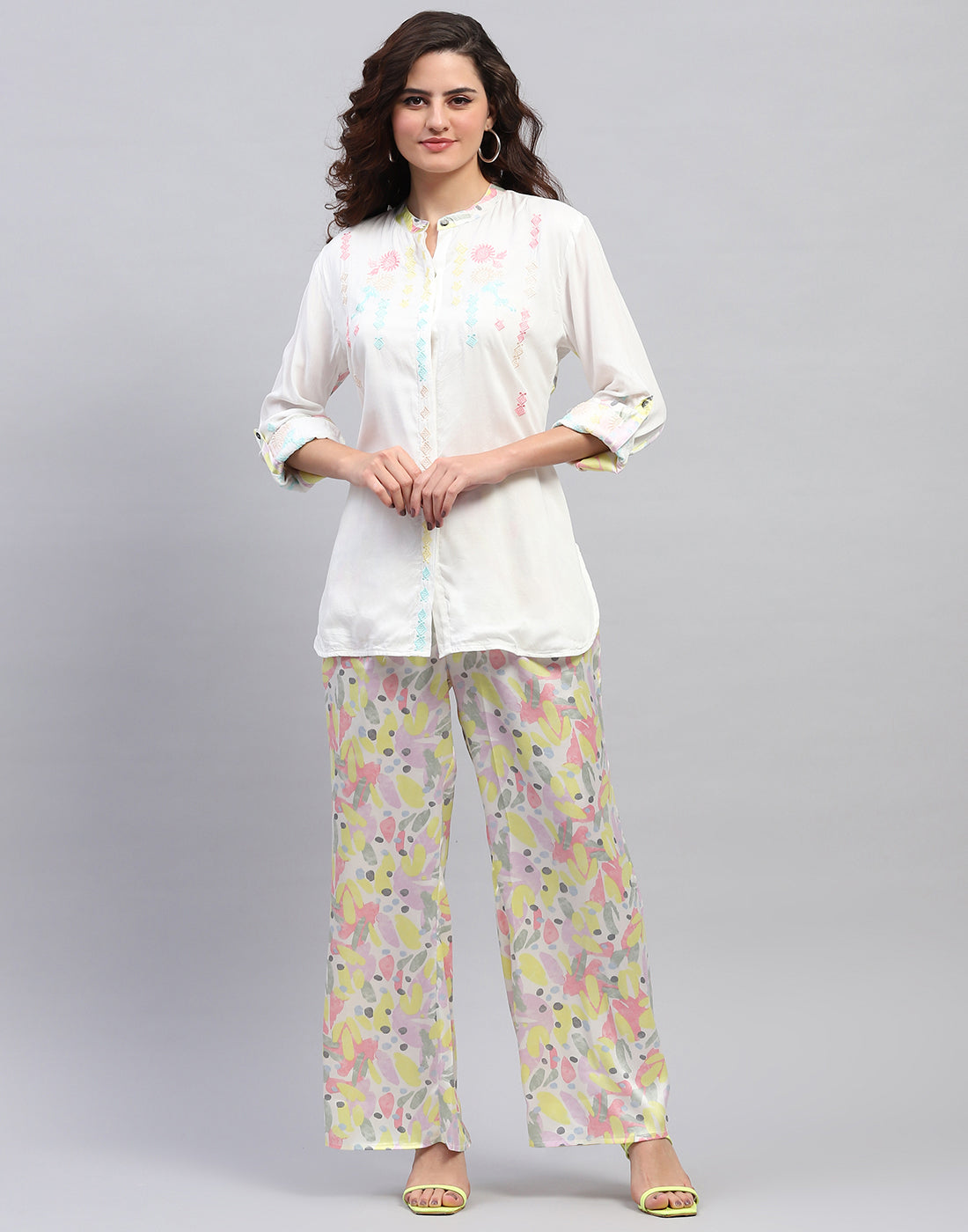 Women Off White Embroidered Front Open Full Sleeve Cords Set