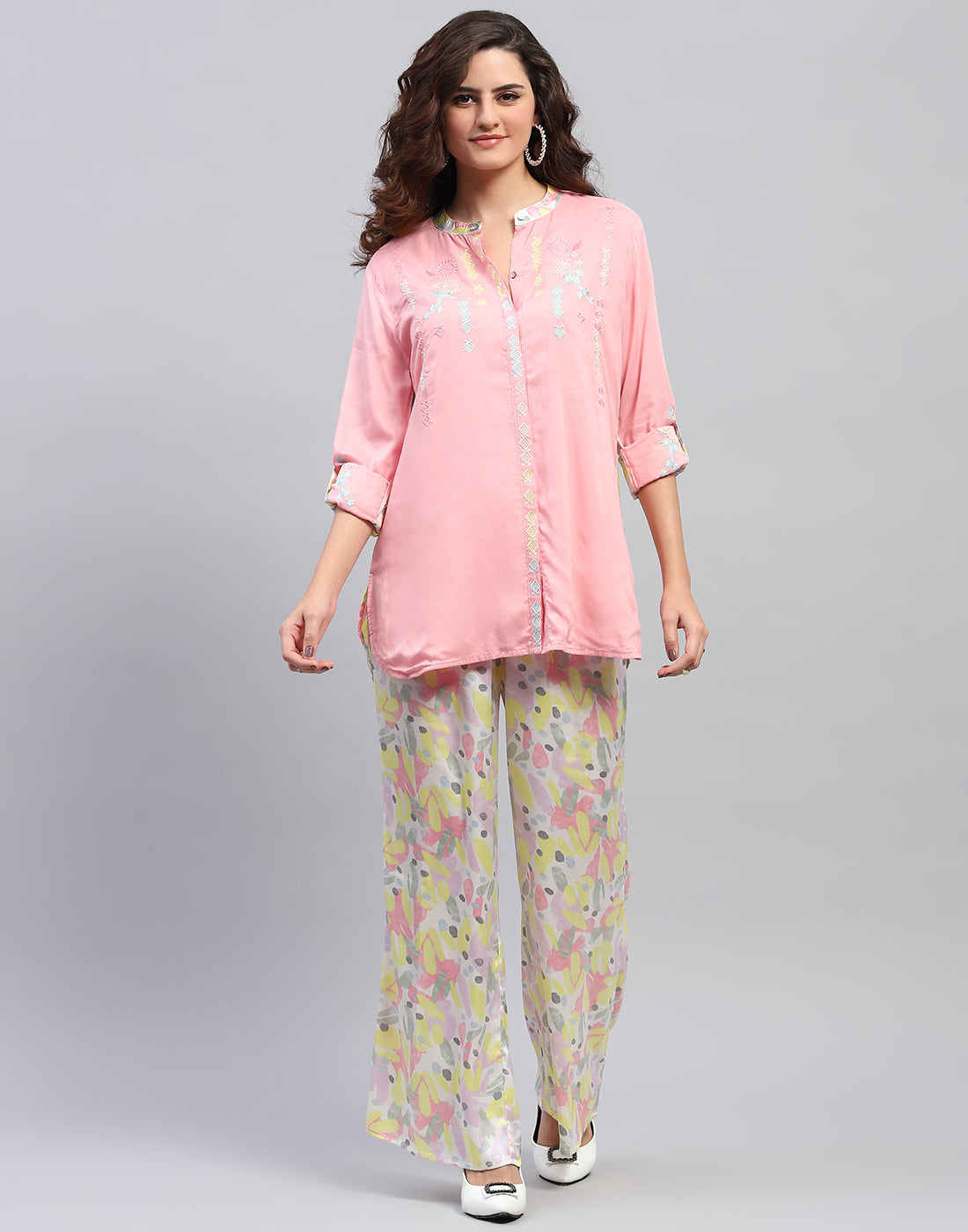 Women Pink Embroidered Front Open Full Sleeve Cords Set