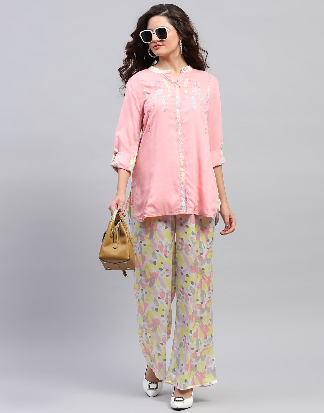 Women Pink Embroidered Front Open Full Sleeve Cords Set