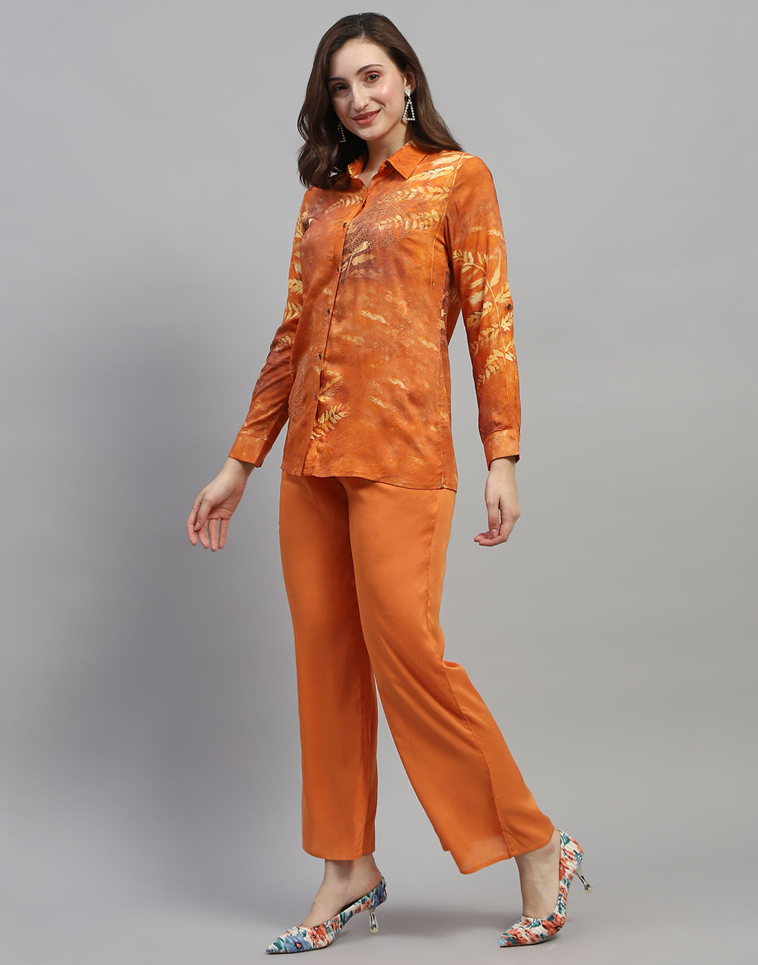 Women Rust Embroidered Collar Neck Full Sleeve Cords Set