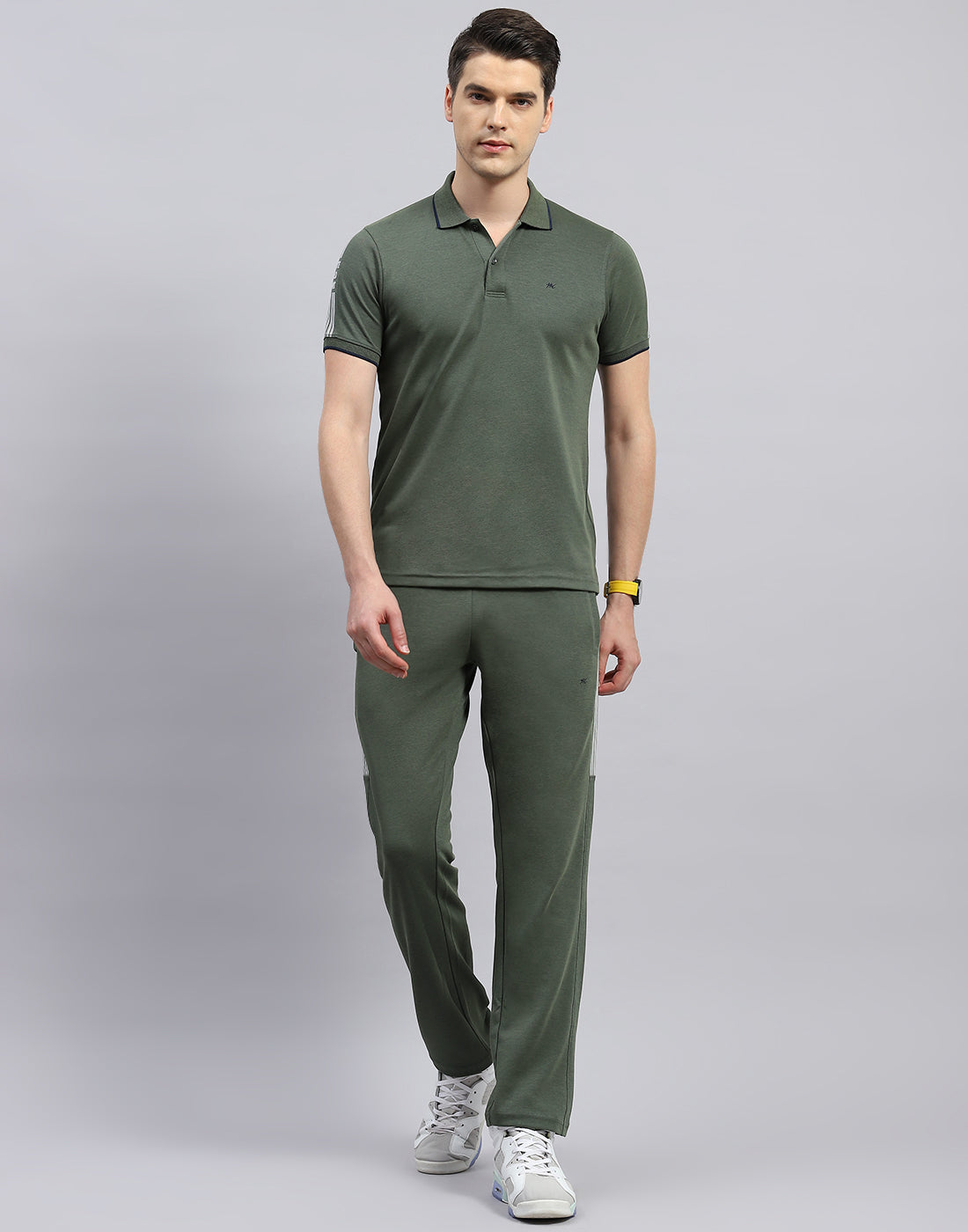 Men Olive Solid Polo Collar Half Sleeve Lower Set