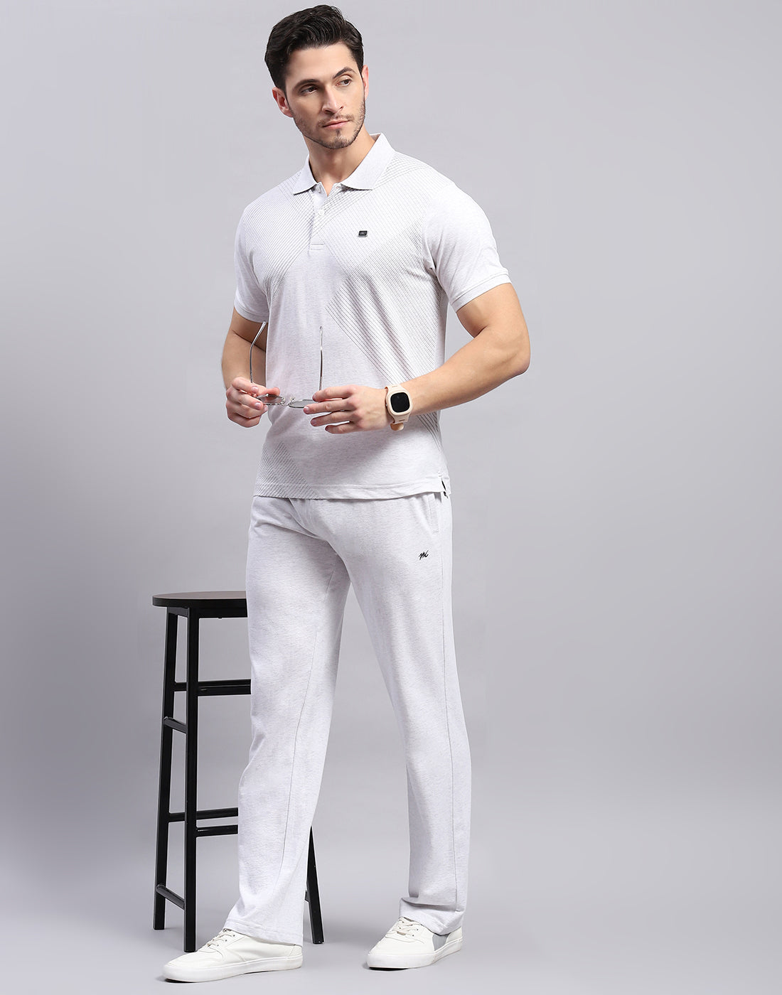 Men Grey Solid Polo Collar Half Sleeve Lower Set