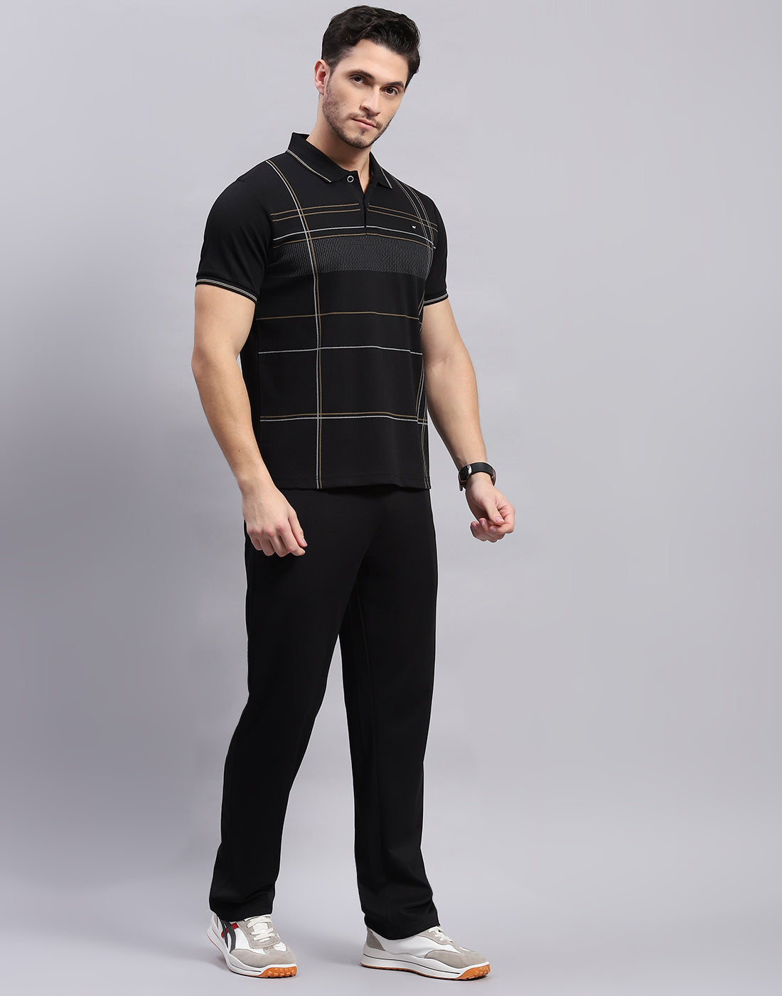 Men Black Stripe Polo Collar Half Sleeve Lower Set