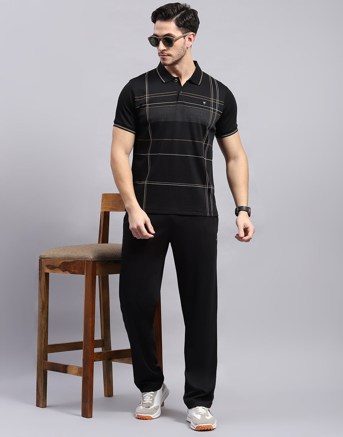 Men Black Stripe Polo Collar Half Sleeve Lower Set