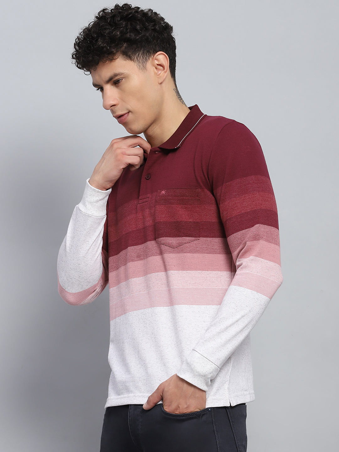 Men Maroo & White Stripe Collar Full Sleeve Winter T-Shirt