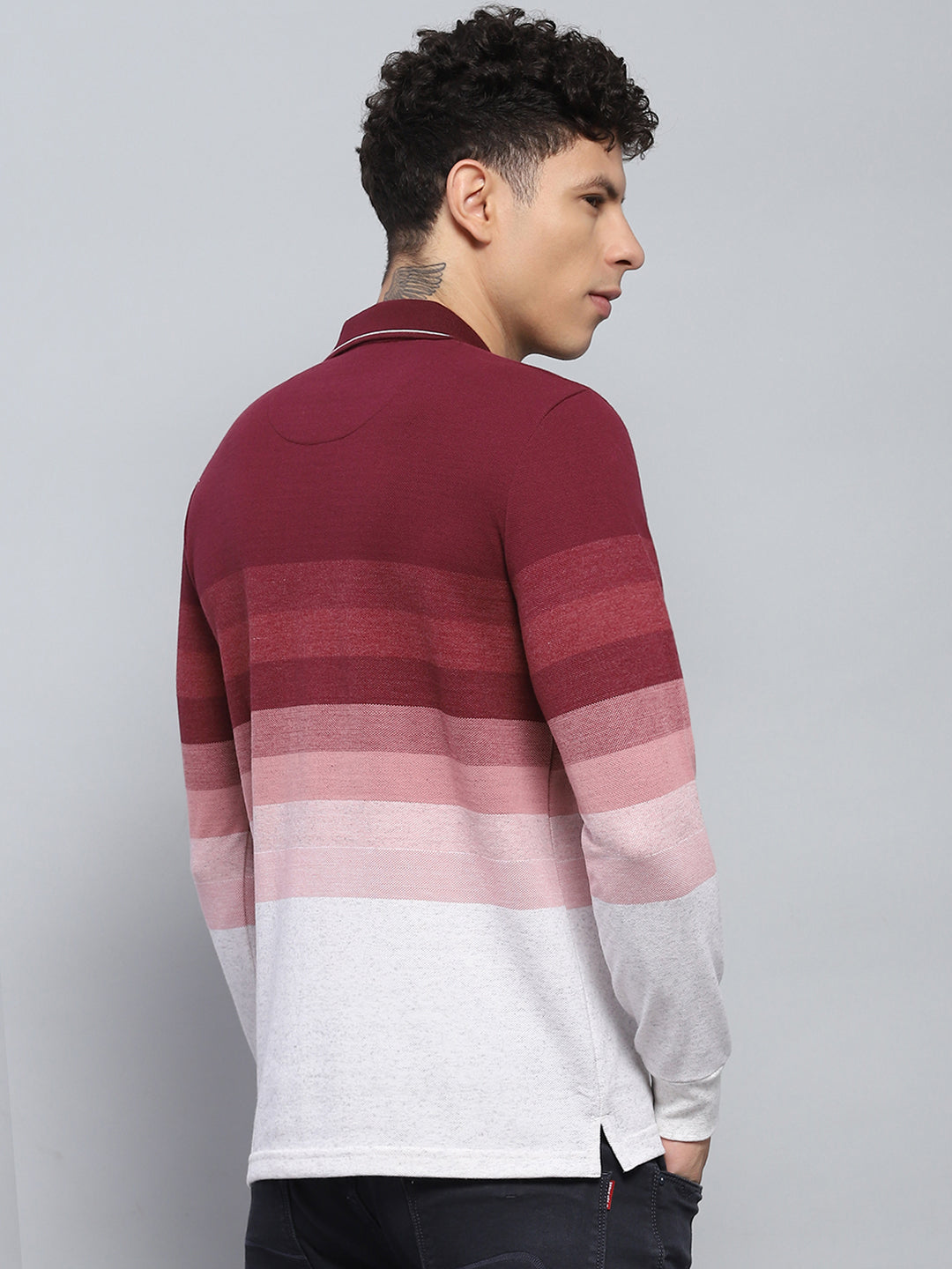 Men Maroo & White Stripe Collar Full Sleeve Winter T-Shirt