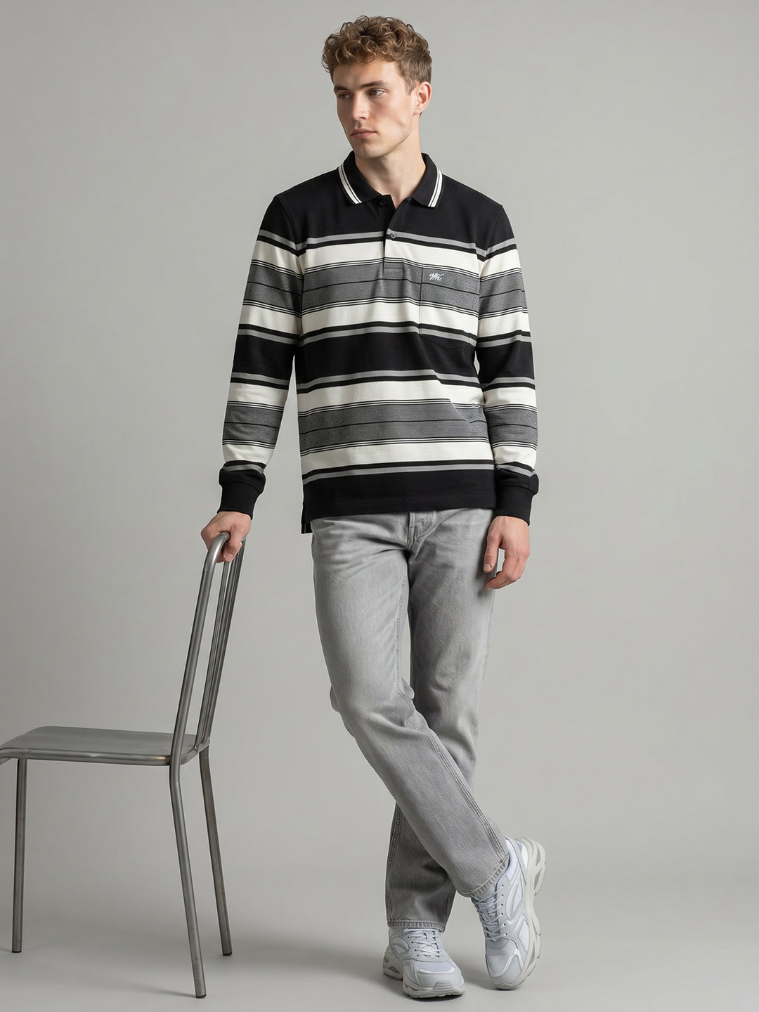 Men Black Stripe Polo Collar Full Sleeve T-Shirt