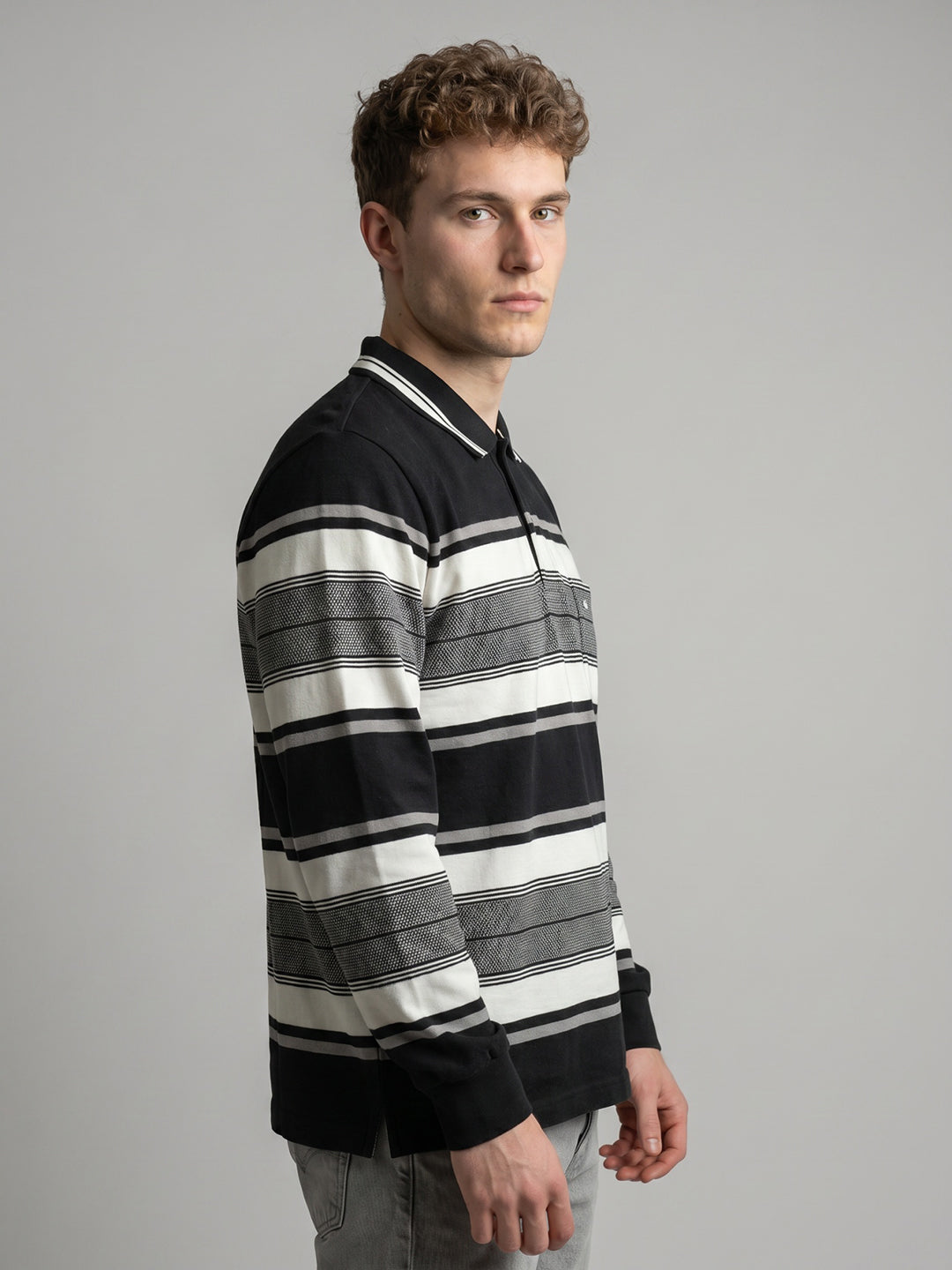 Men Black Stripe Polo Collar Full Sleeve T-Shirt