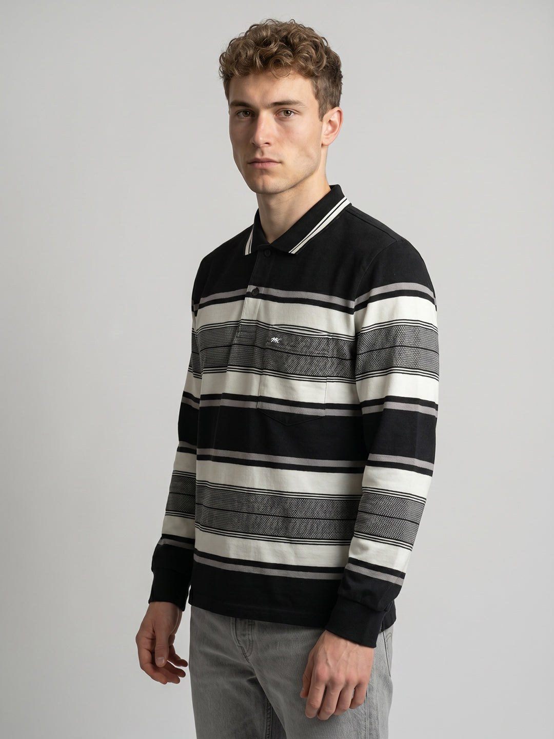 Men Black Stripe Polo Collar Full Sleeve T-Shirt