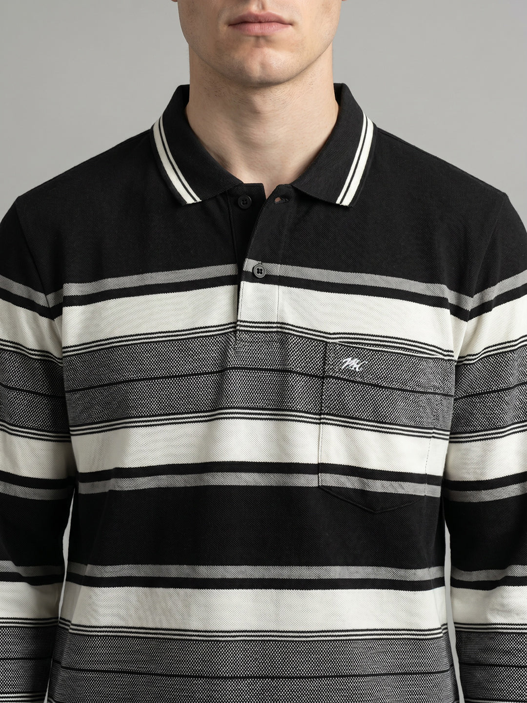 Men Black Stripe Polo Collar Full Sleeve T-Shirt