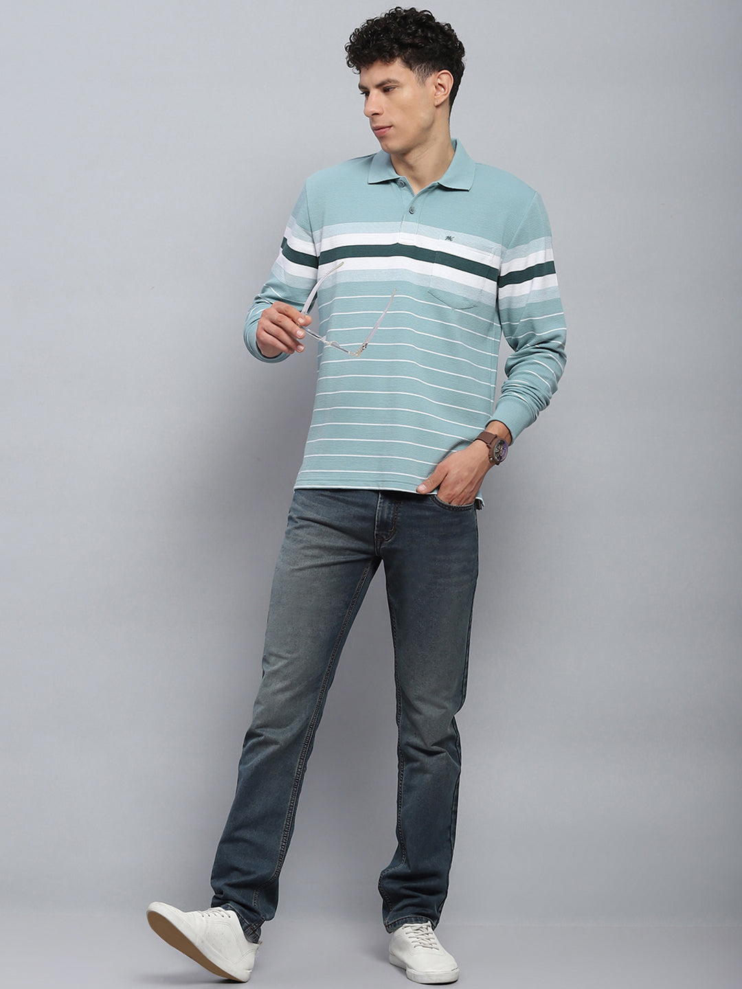 Men Green Stripe Collar Full Sleeve Winter T-Shirt
