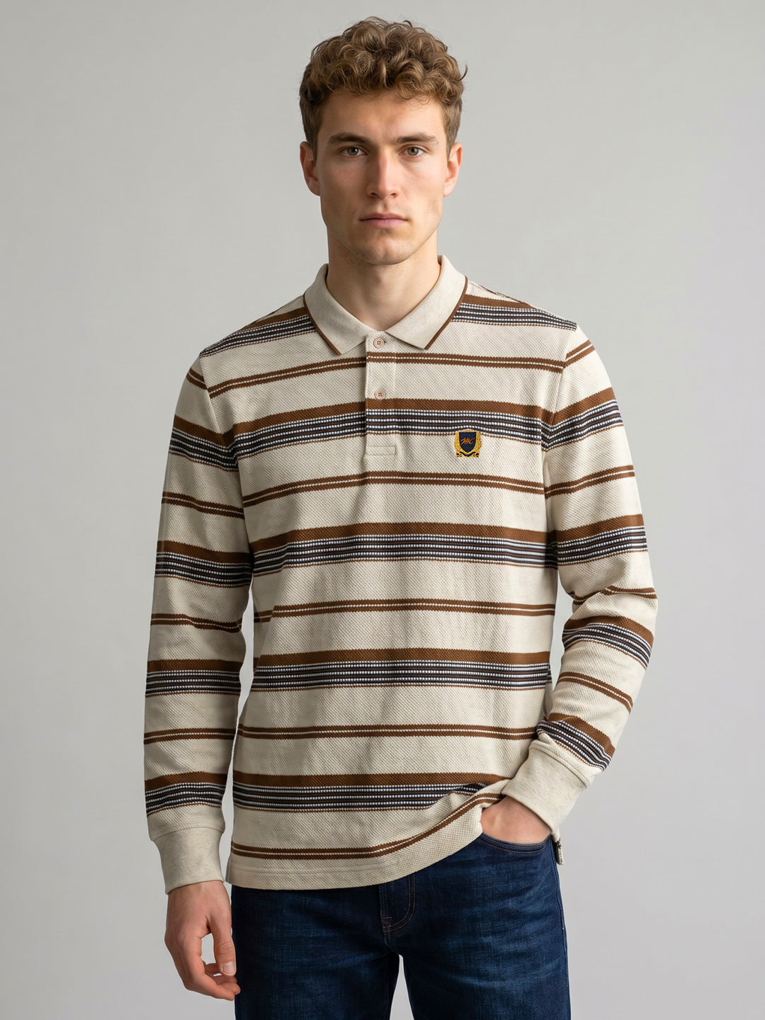 Men Camel Brown Stripe Polo Collar Full Sleeve T-Shirt