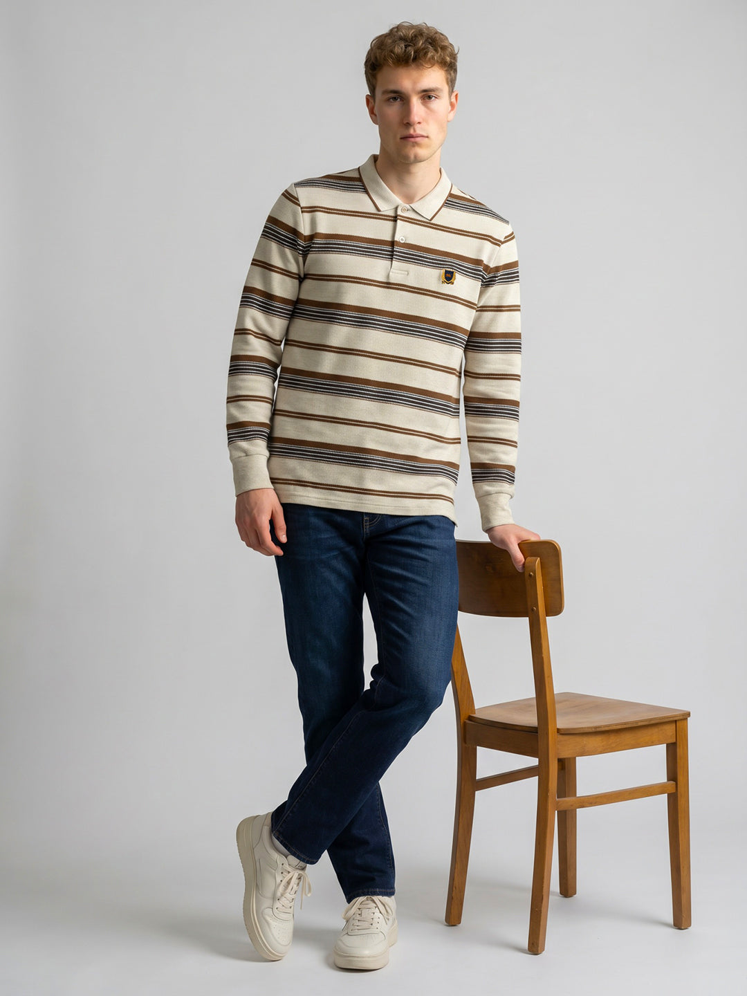 Men Camel Brown Stripe Polo Collar Full Sleeve T-Shirt