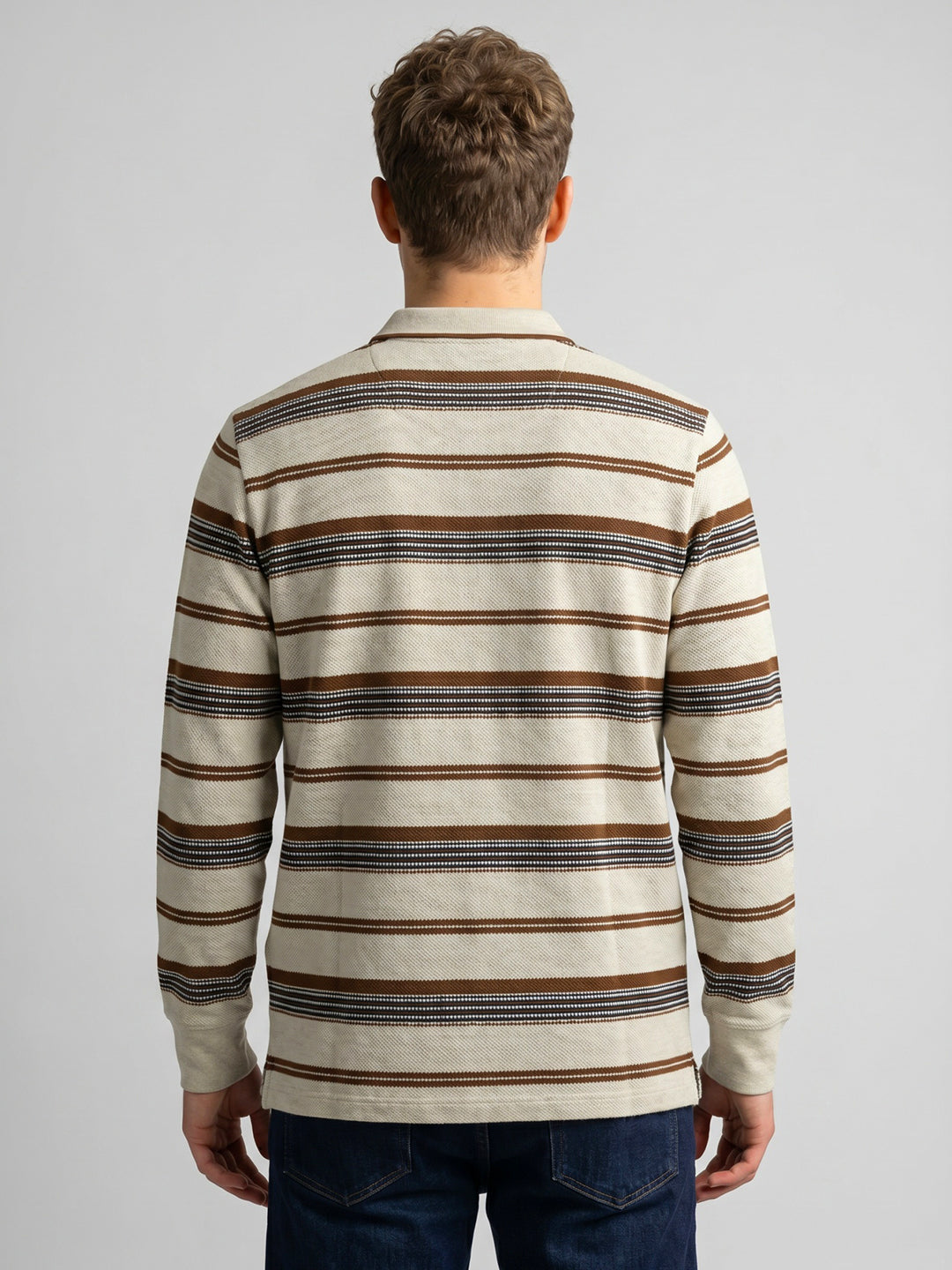 Men Camel Brown Stripe Polo Collar Full Sleeve T-Shirt