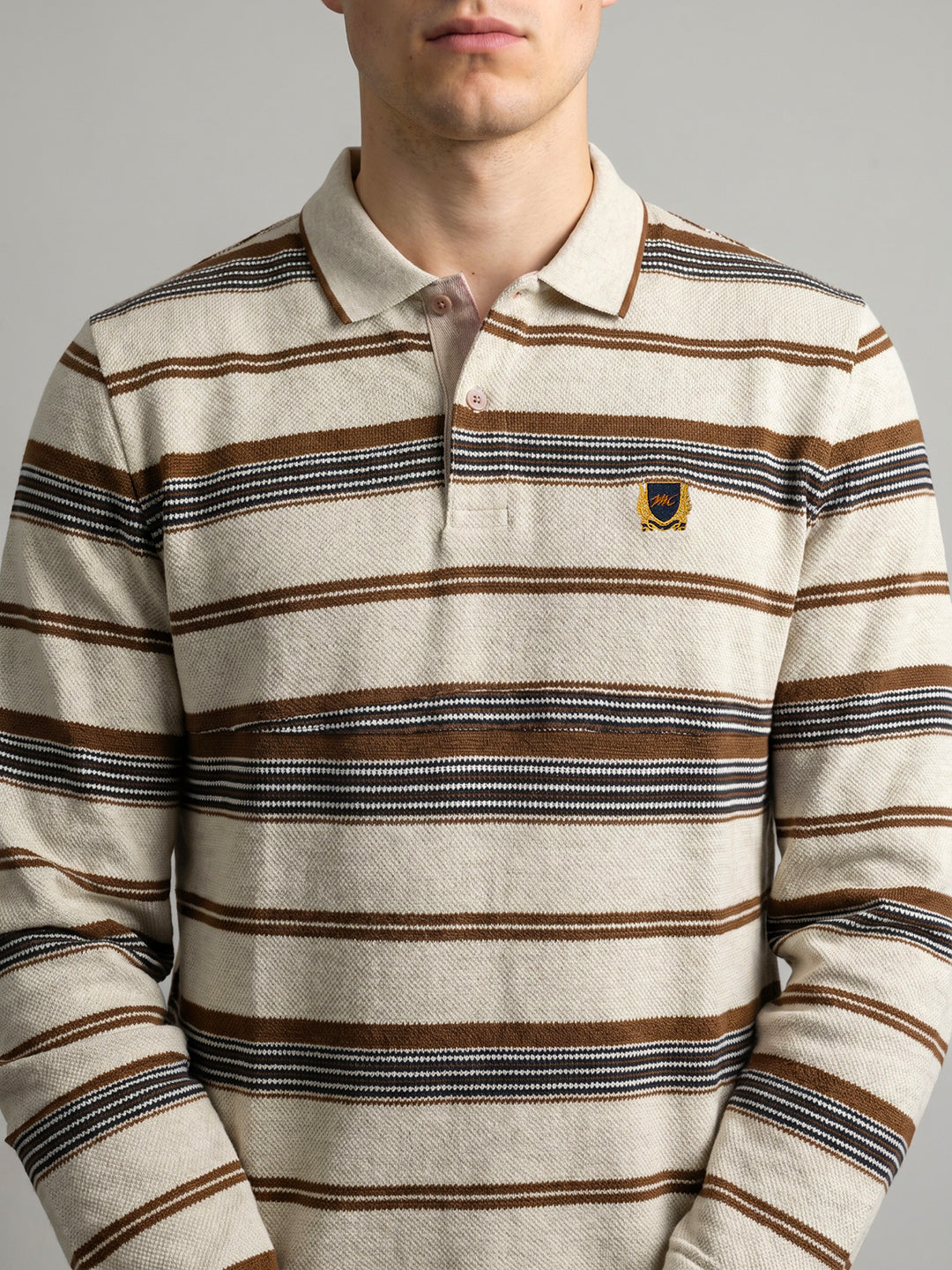 Men Camel Brown Stripe Polo Collar Full Sleeve T-Shirt