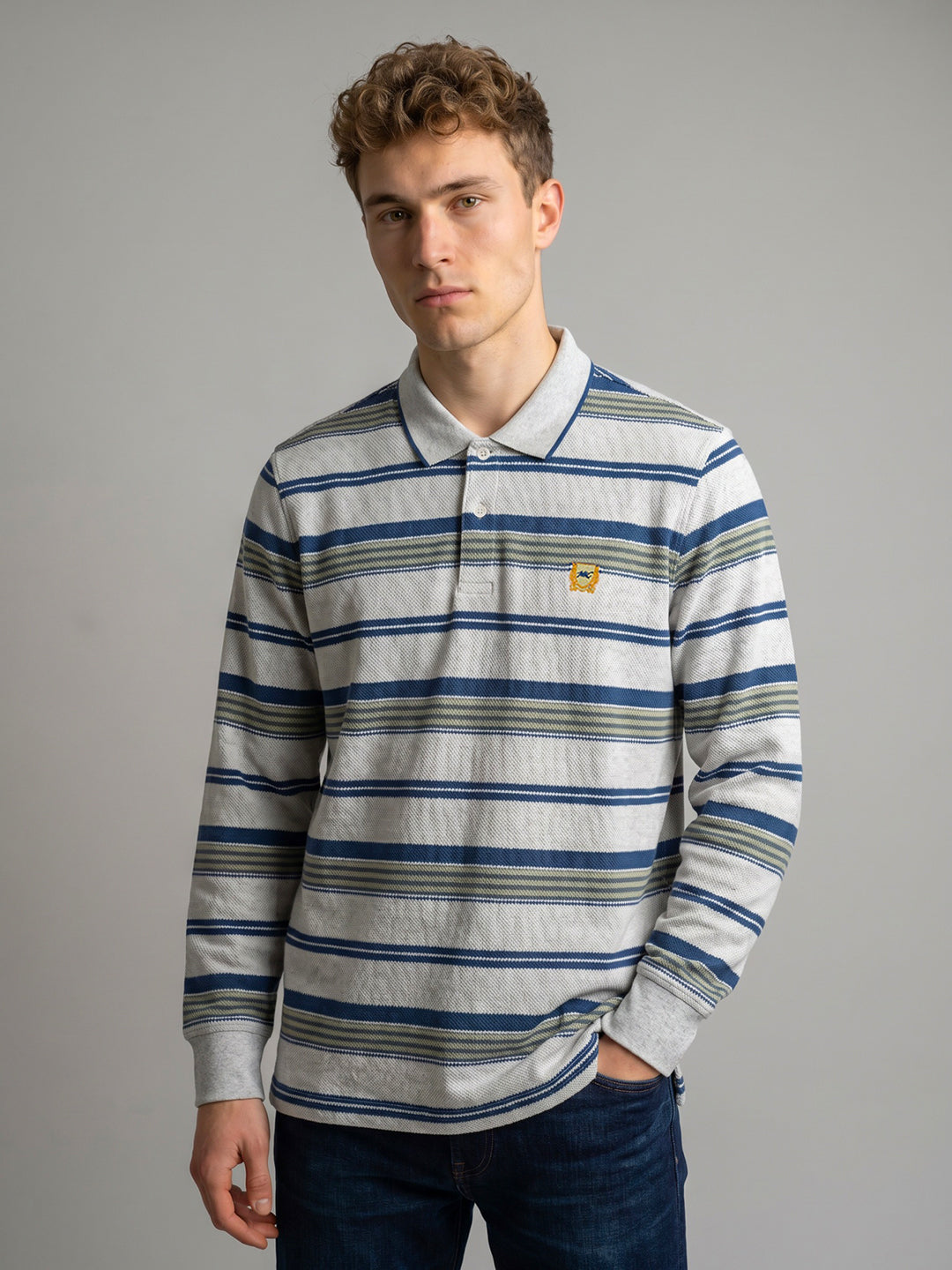 Men White Stripe Polo Collar Full Sleeve T-Shirt