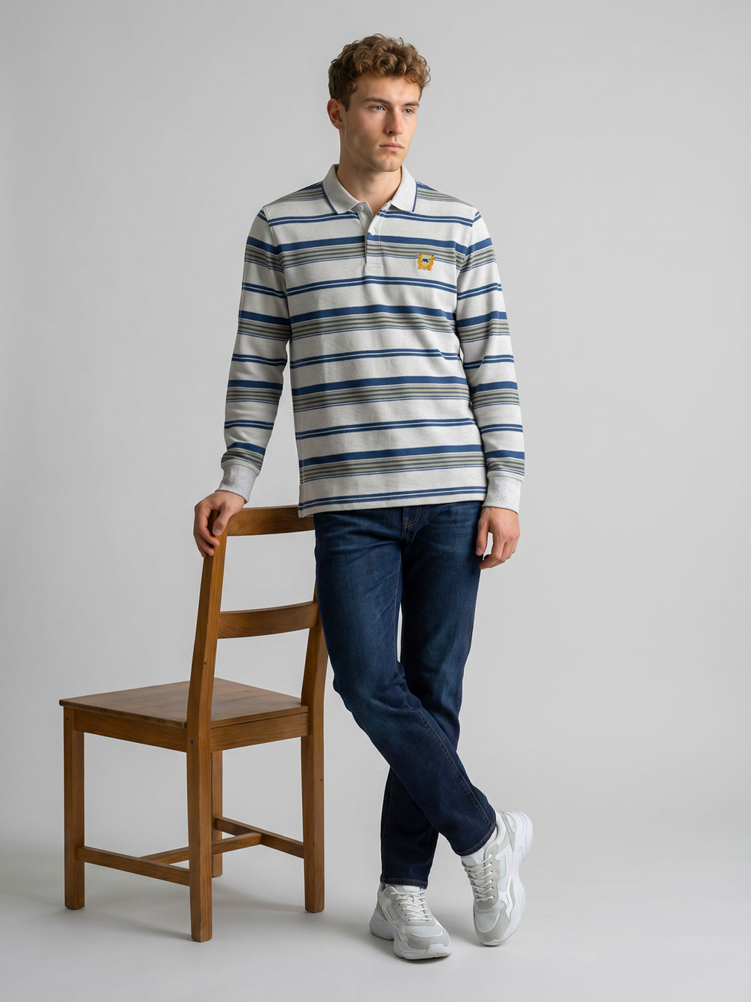 Men White Stripe Polo Collar Full Sleeve T-Shirt